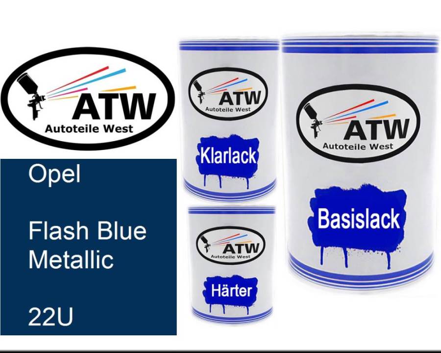 Opel, Flash Blue Metallic, 22U: 500ml Lackdose + 500ml Klarlack + 250ml Härter - Set, von ATW Autoteile West.
